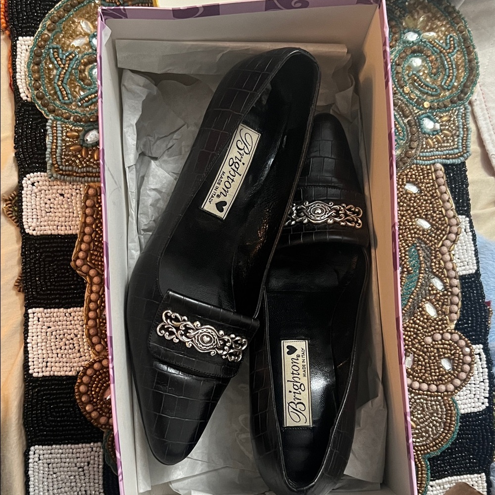 Brighton Black Croc-Patterned Flats with Silver Accents